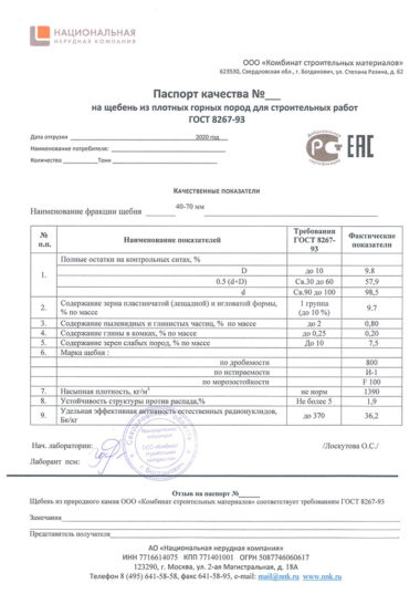 Паспорт качества на щебень 40-70 мм