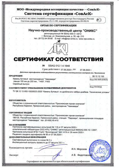 Сертификат соответствия на бутовый камень 100-250 мм